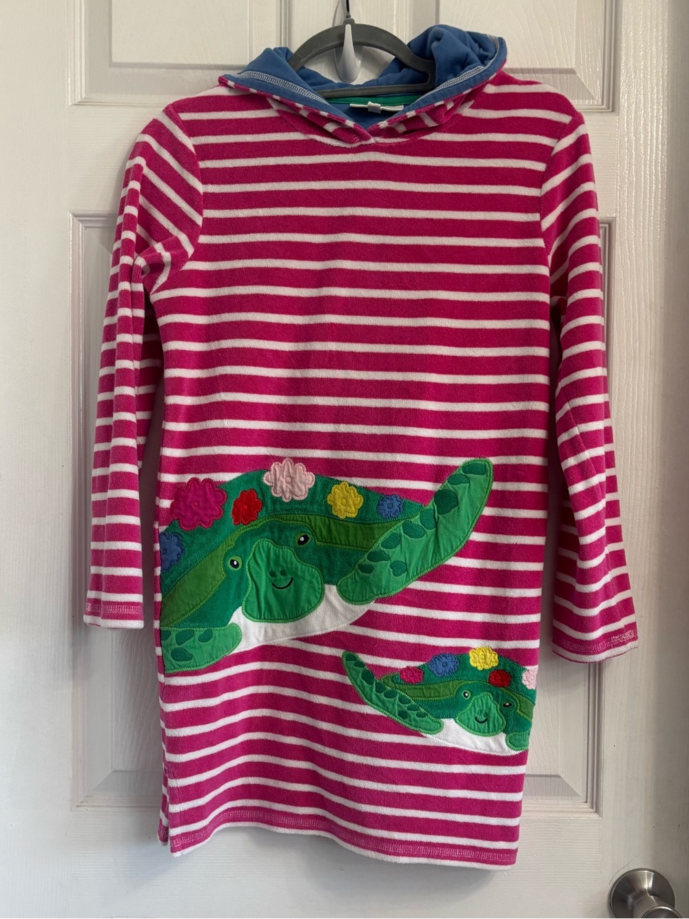 Boden Kids Pink & White Striped Terry Cloth Hooded Swim Cover Up Sea Turtles 11Y